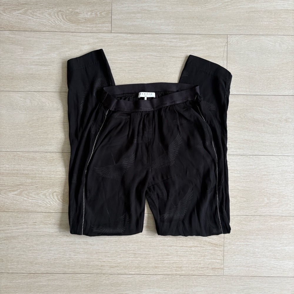 SANDRO PARIS Black Silk jacquard pants. Size Small. 100% silk  White side stitch